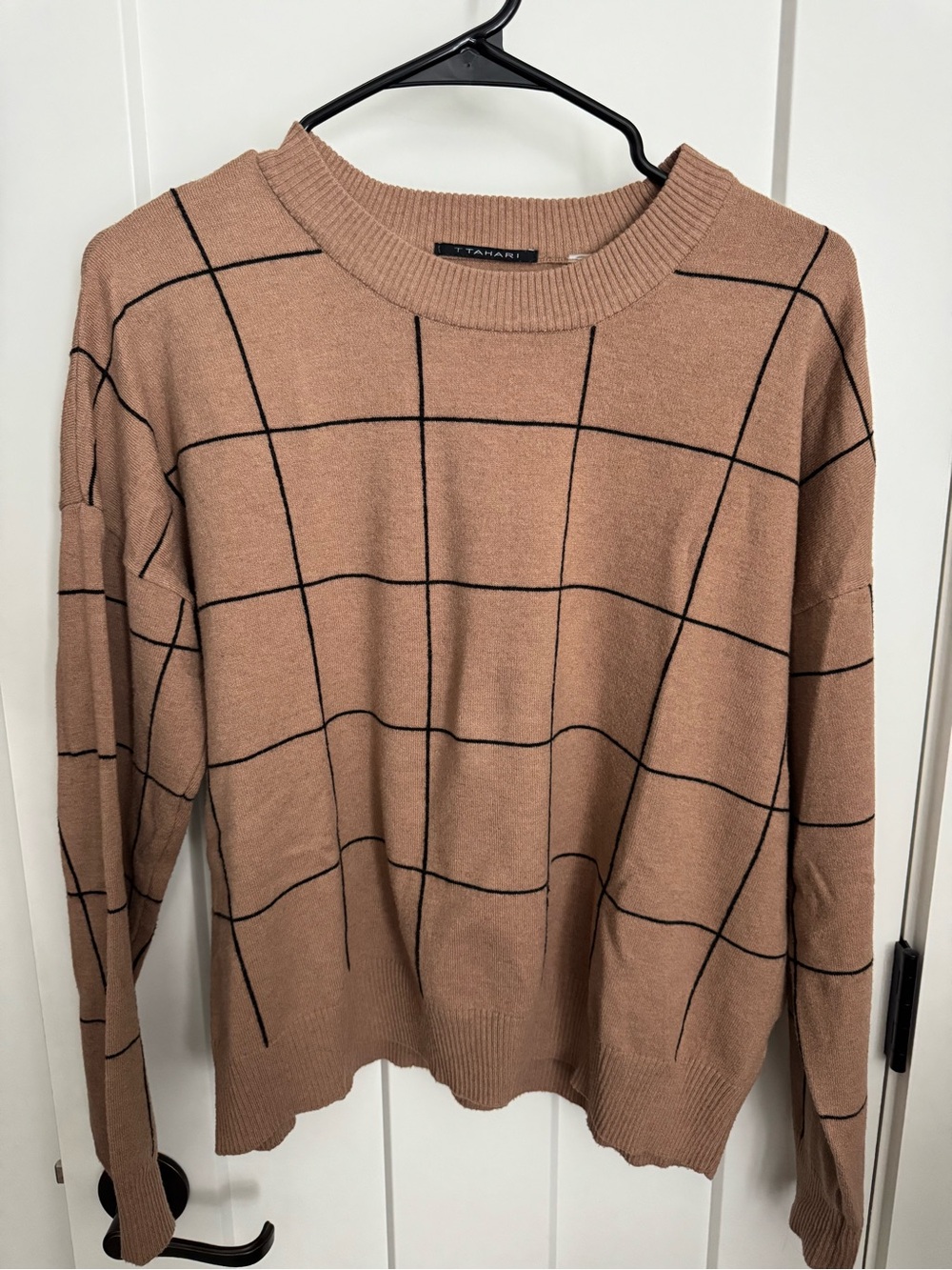 Tahari Tan Windowpane Crewneck Sweater